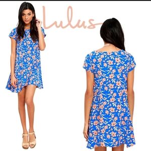 Lulus Garden Party Blue/Peach Floral Print Shift Dress Loose Fit Short Slvs SM